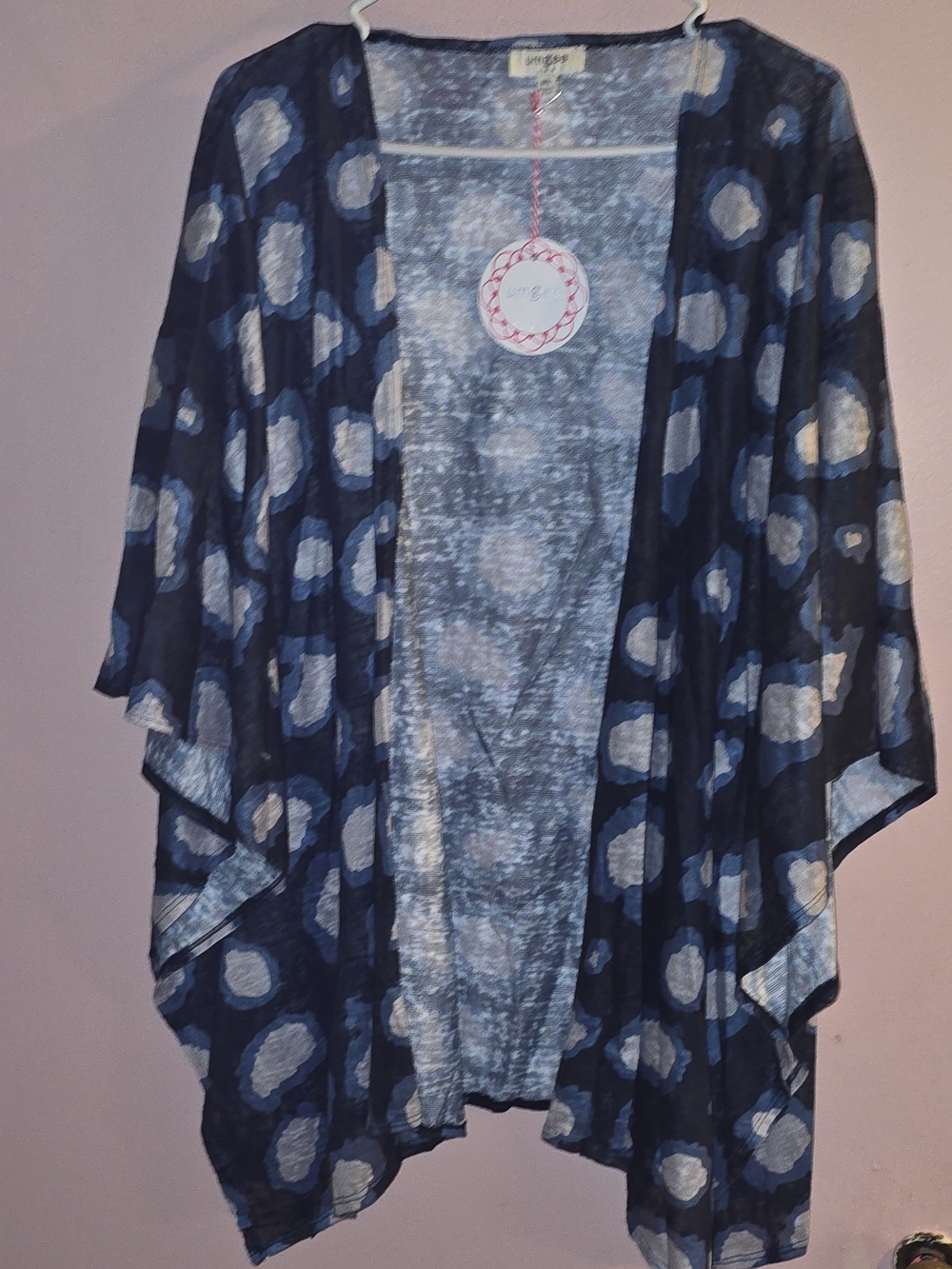 NWT Umgee Blue & White Abstract Polka Dot Oversized Kimono Cardigan Top - M/L